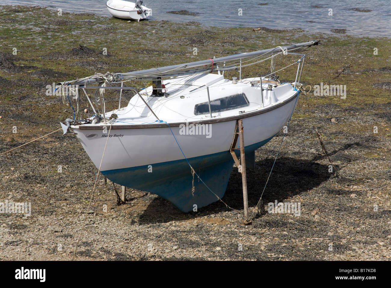 Yacht moored on the beach St Mawes Cornwall England Stock Photo