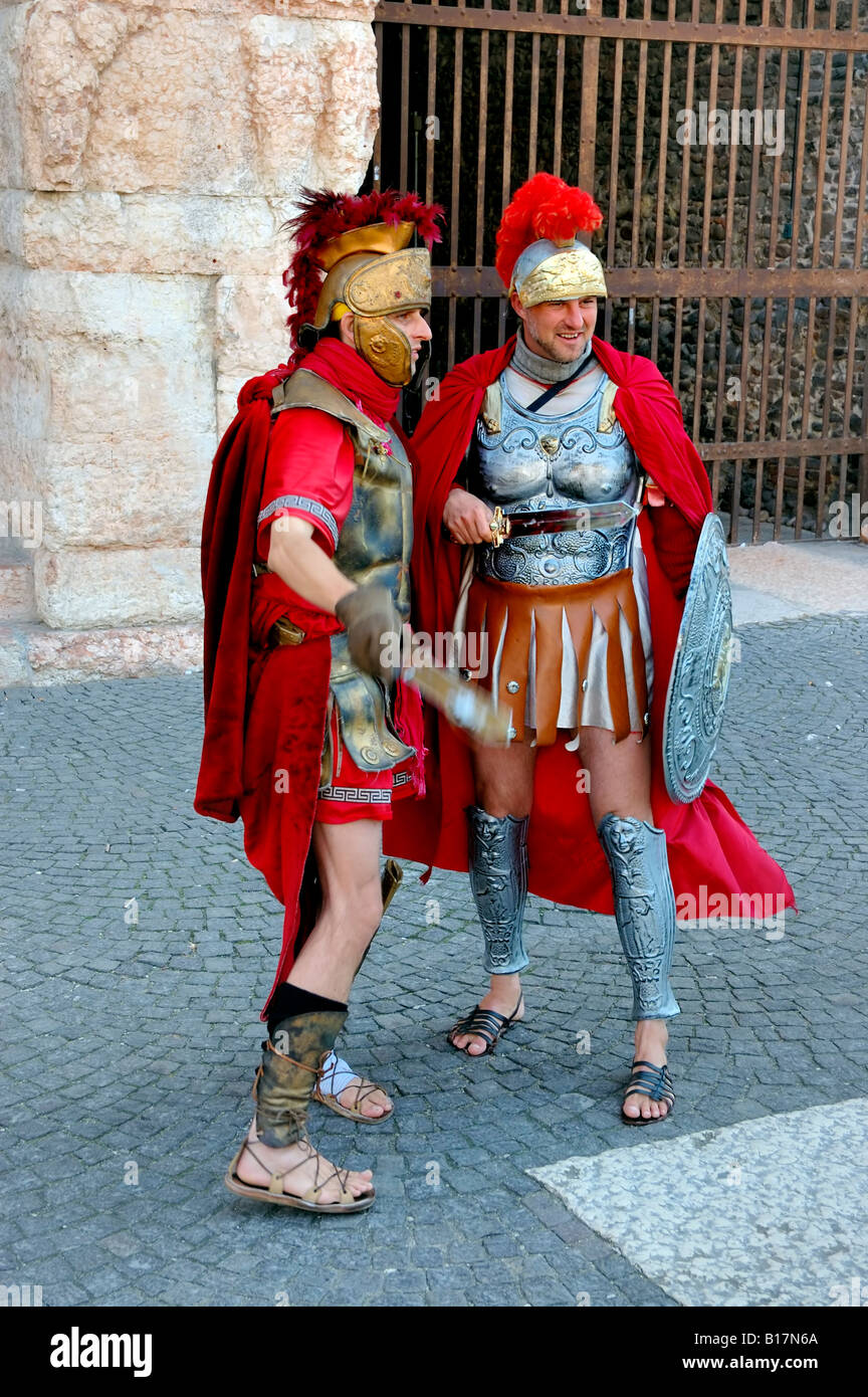 Italian men In Medieval gladiator outfits, Piazza Bra, Verona, Italy Stock Photo