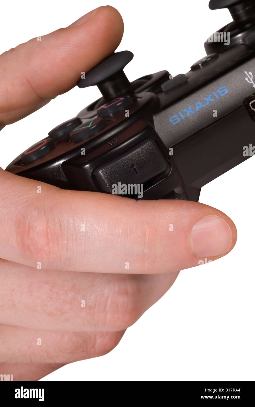 Thumb on Analogue Stick of a Game Console Controller Stock Photo