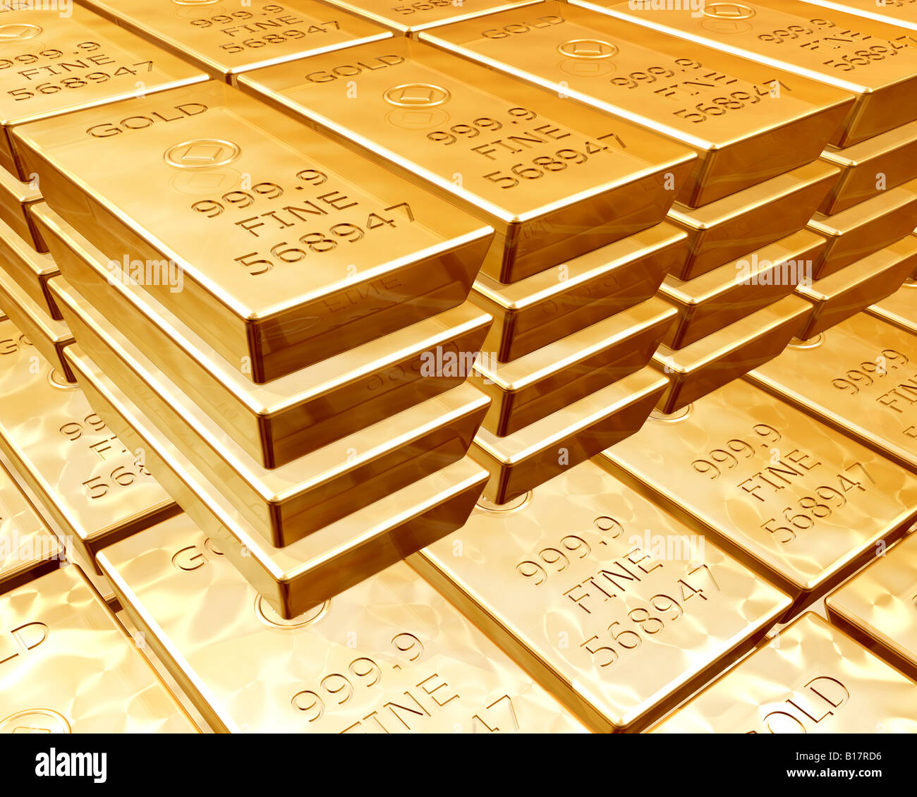 Stacks of pure gold bars on piles of bullion Stock Photo
