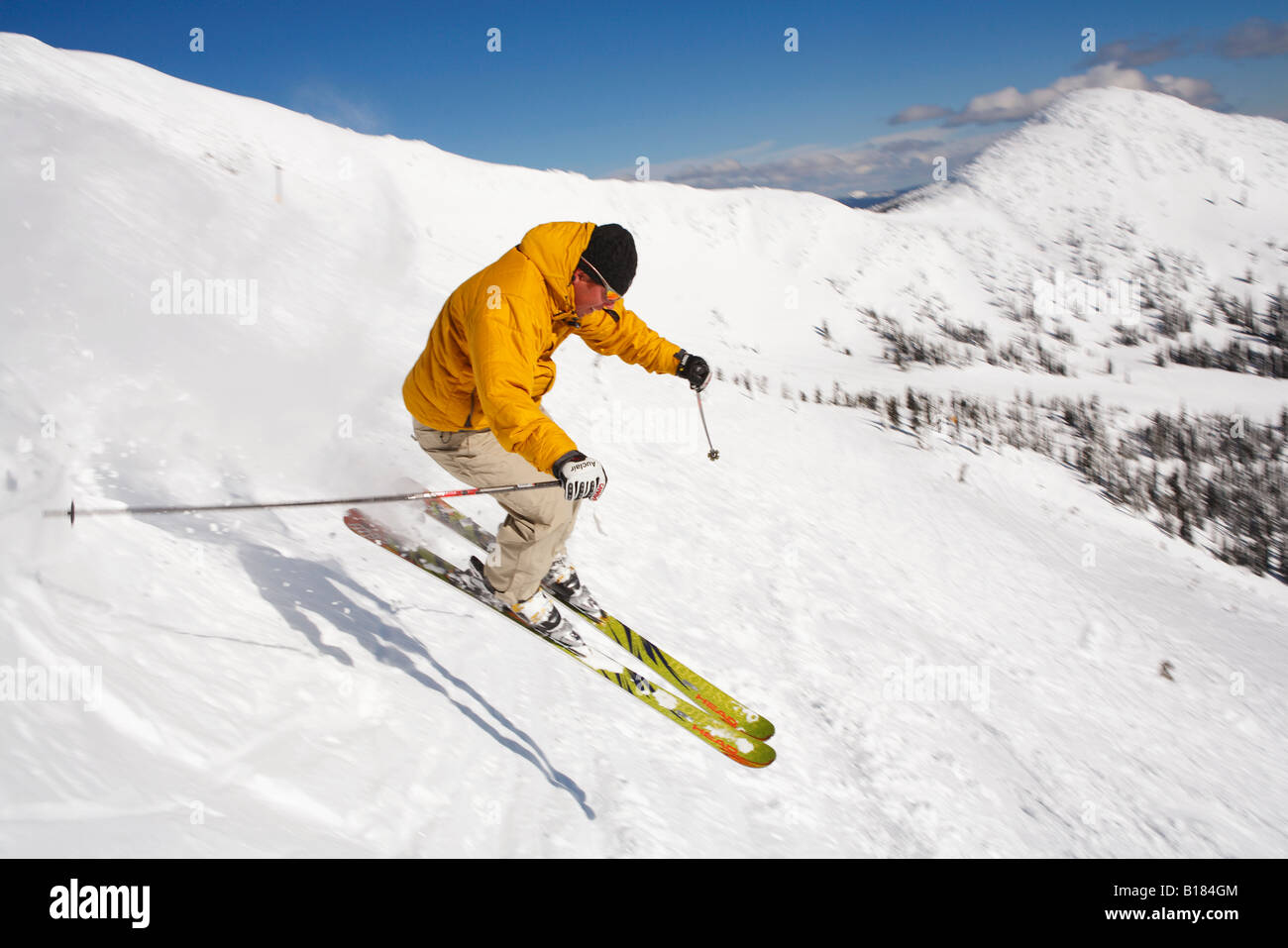 Male skier near cliff area of Big White Ski Resort, Kelowna, British