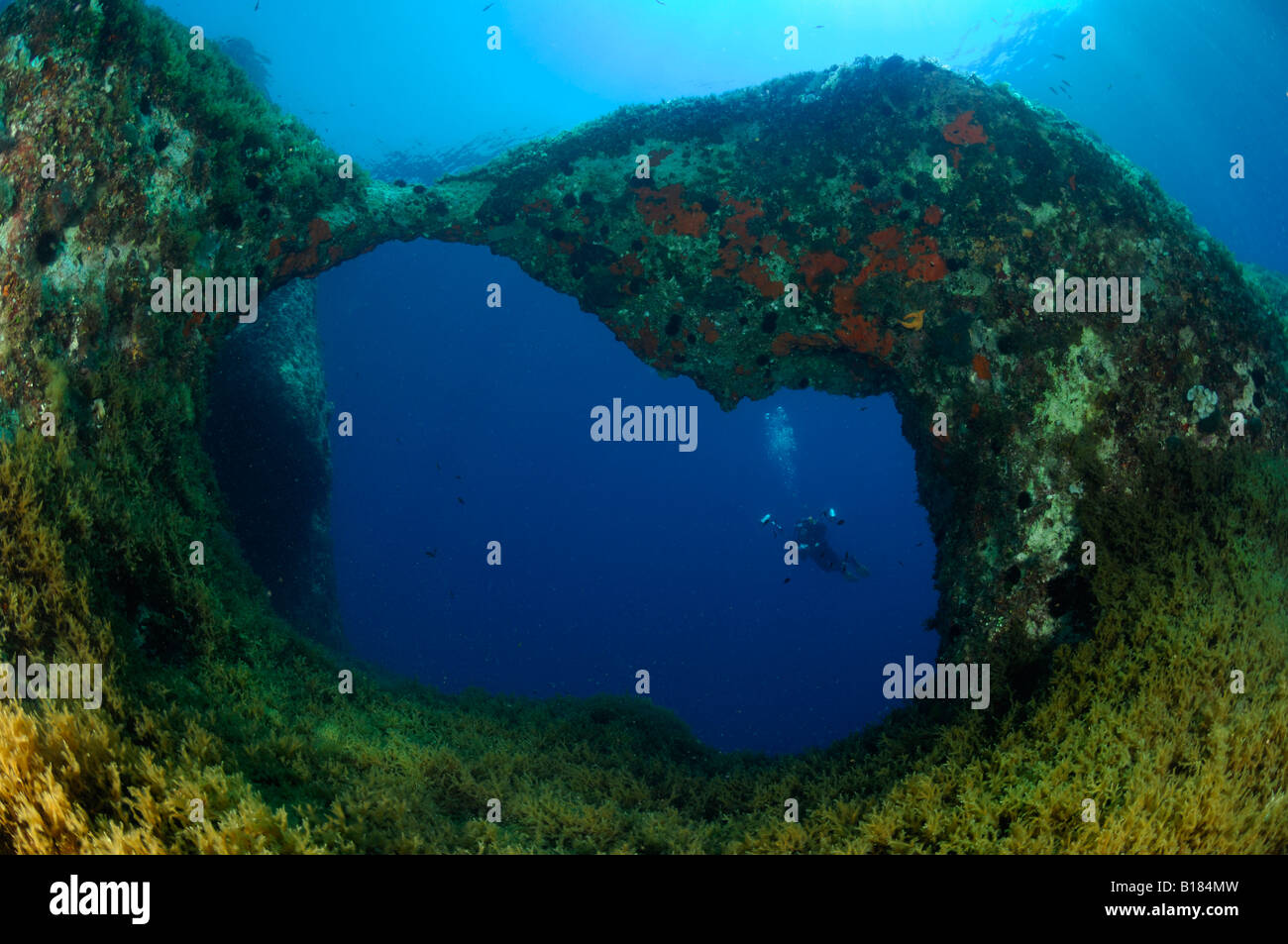 Diver under Rocky Arch Triscavac Bay Susac Island Adriatic Sea Croatia
