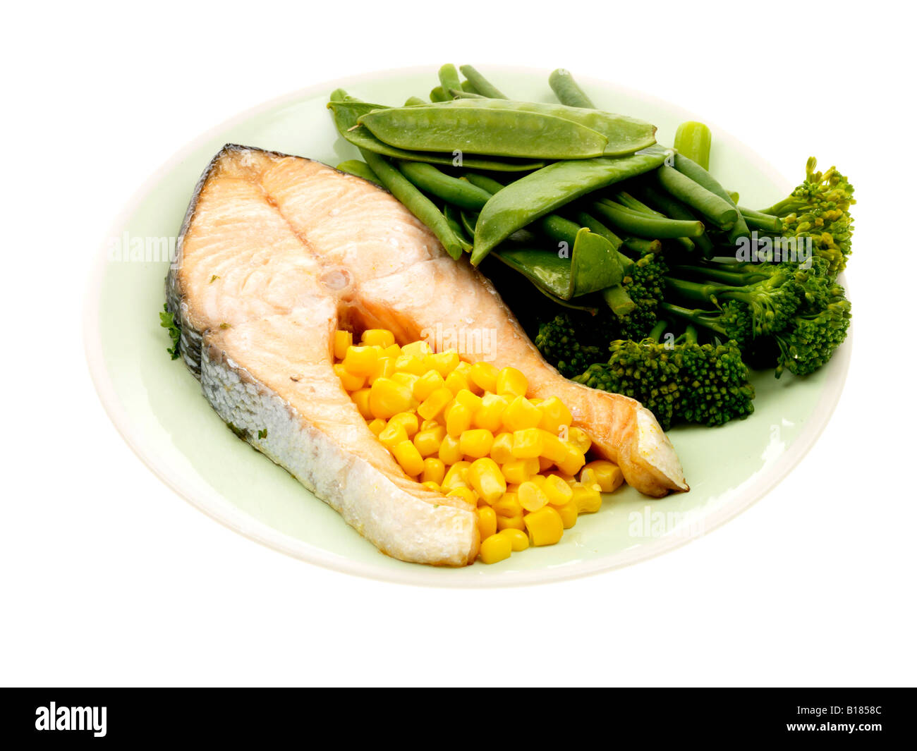 Grilled Salmon Steak With Steamed Vegetables Stock Photo - Alamy