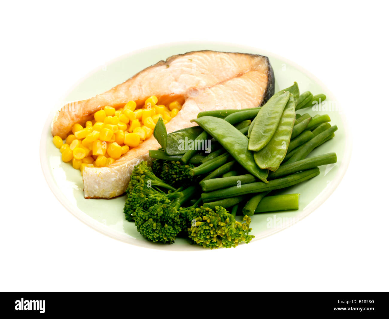 Grilled Salmon Steak With Steamed Vegetables Stock Photo - Alamy