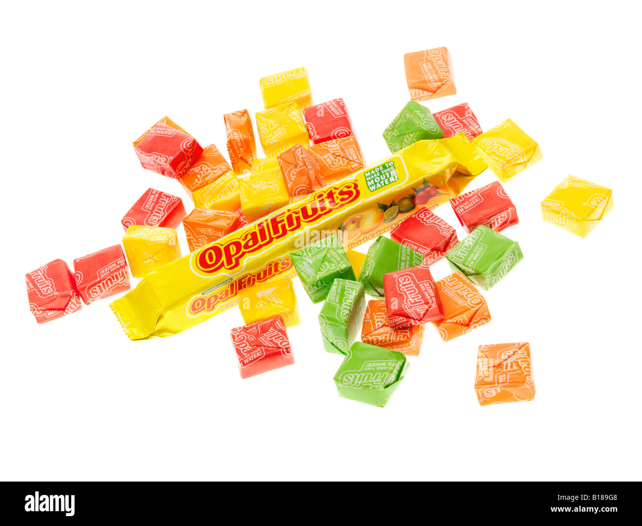 Individually Wrapped Colourful Assorted Flavoured Opal Fruits Confectionery Sweets Isolated Against A White Background With A Clipping Path Stock Photo