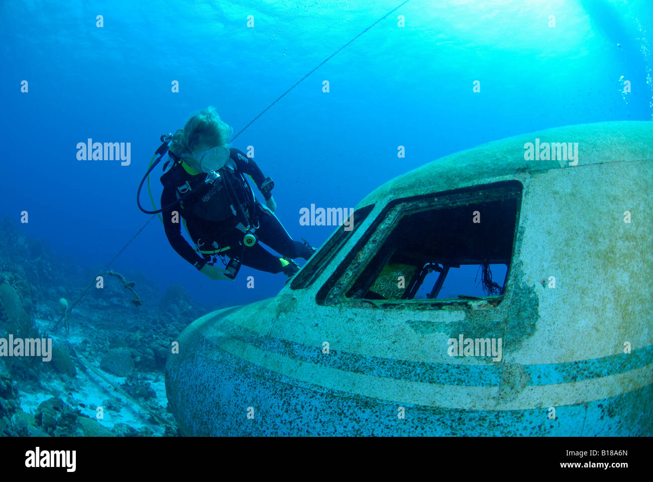 Diver at Airplane Wreck Caribbean Sea Netherland Antilles Curacao Stock  Photo - Alamy