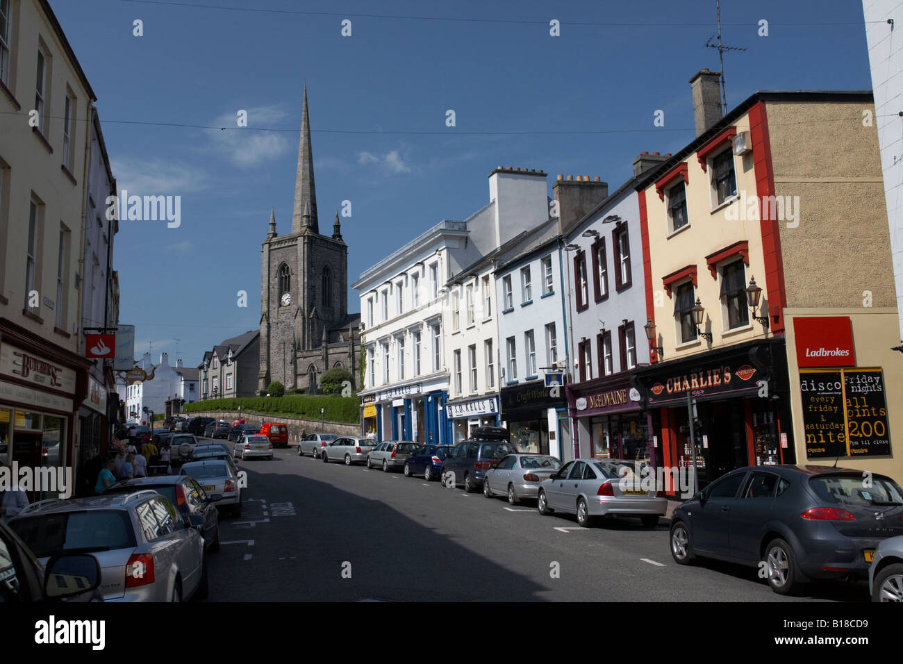main church street of the county town of enniskillen looking towards St Macartins church of Ireland cathedral county fermanagh Stock Photo