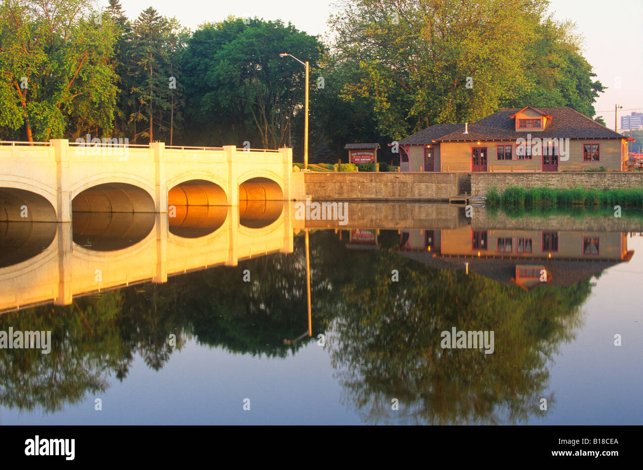Reflection Of The Boathouse Tearoom And Bridge Stock Photos