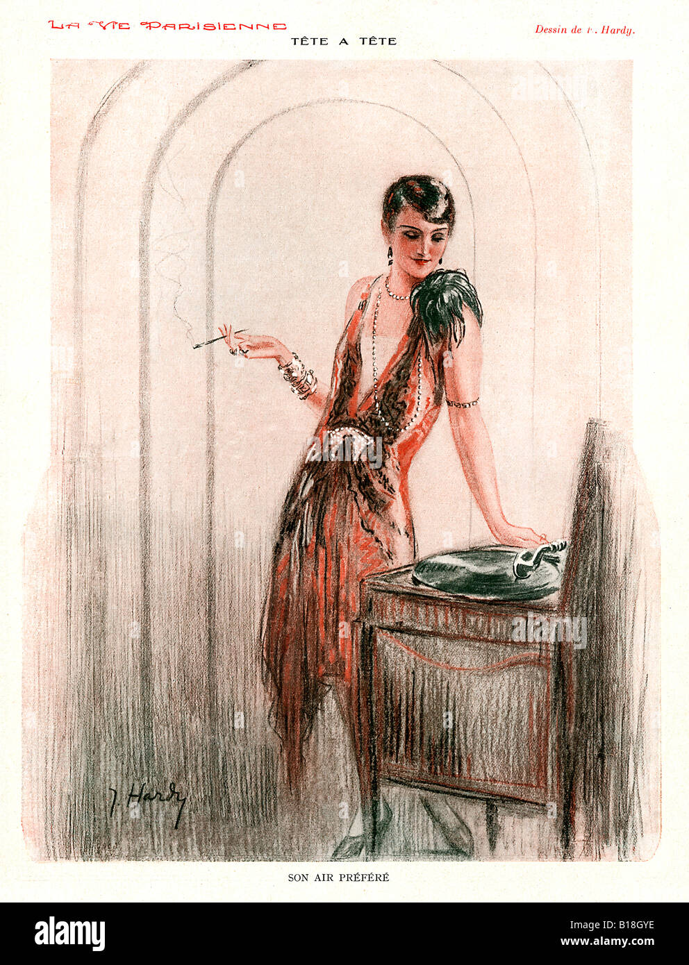 Tete a Tete, Son Air Prefere 1922 classic French 1920s illustration from the magazine La Vie Parisienne a lady listens to a record on the gramophone Stock Photo