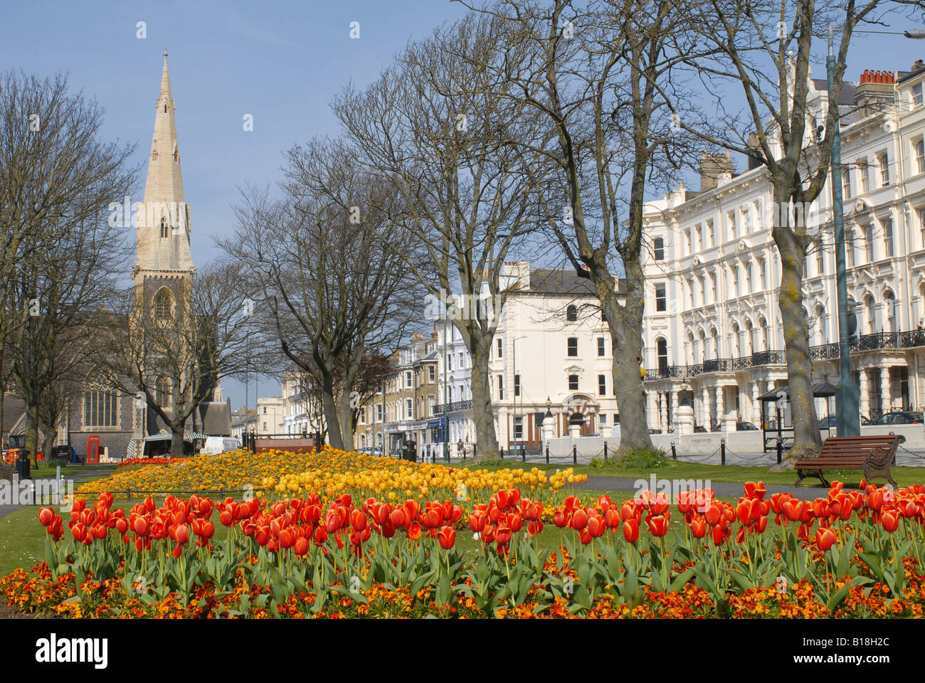 Hove, East Sussex,Church road, palmeria square  with red and yellow tulips in the spring Stock Photo