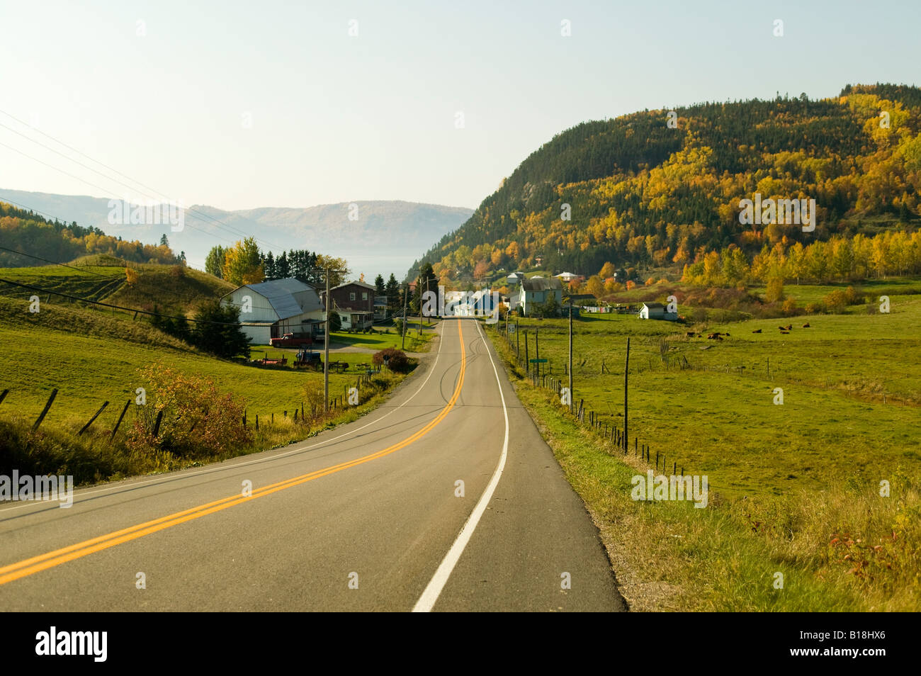 Highway running through Sainte Rose du Nord, Quebec, Canada Stock Photo