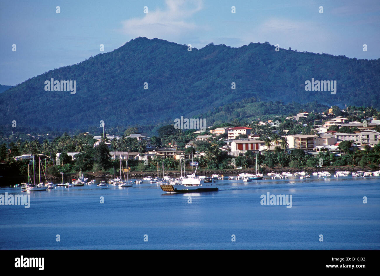 Mamoudzou town, Grande Terre island, from the sea Mayotte islands, with Dzaoudzi ferry Stock Photo