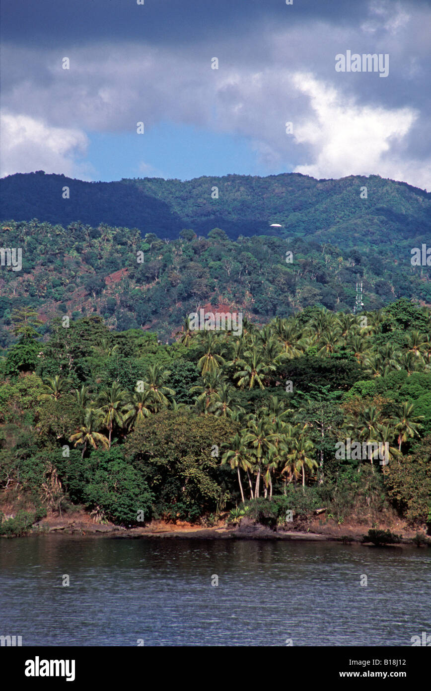 Lush vegetation on the hills of Grande Terre Mayotte Island, French Overseas Territory, Comoros Archipelago, seen from the sea Stock Photo