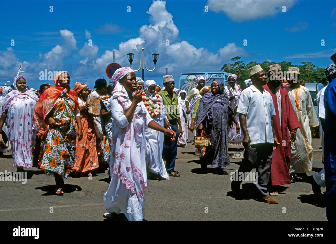 Villagers in Mamoudzou, Grande Terre island, Mayotte islands, Comoro Archipelago, Indian Ocean celebrating their return from the Hajj Mecca Stock Photo