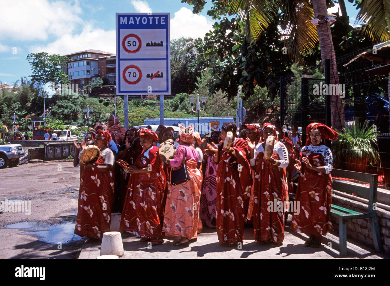 Villagers on Grande Terre island, Mamoudzou, Mayotte islands, Indian Ocean, some with clay masks, celebrating their return from the Hajj Mecca Stock Photo