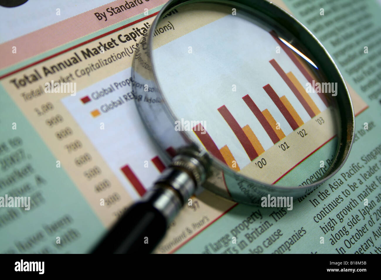 A magnifying glass focusing on a graph in the business section of the newspaper Stock Photo