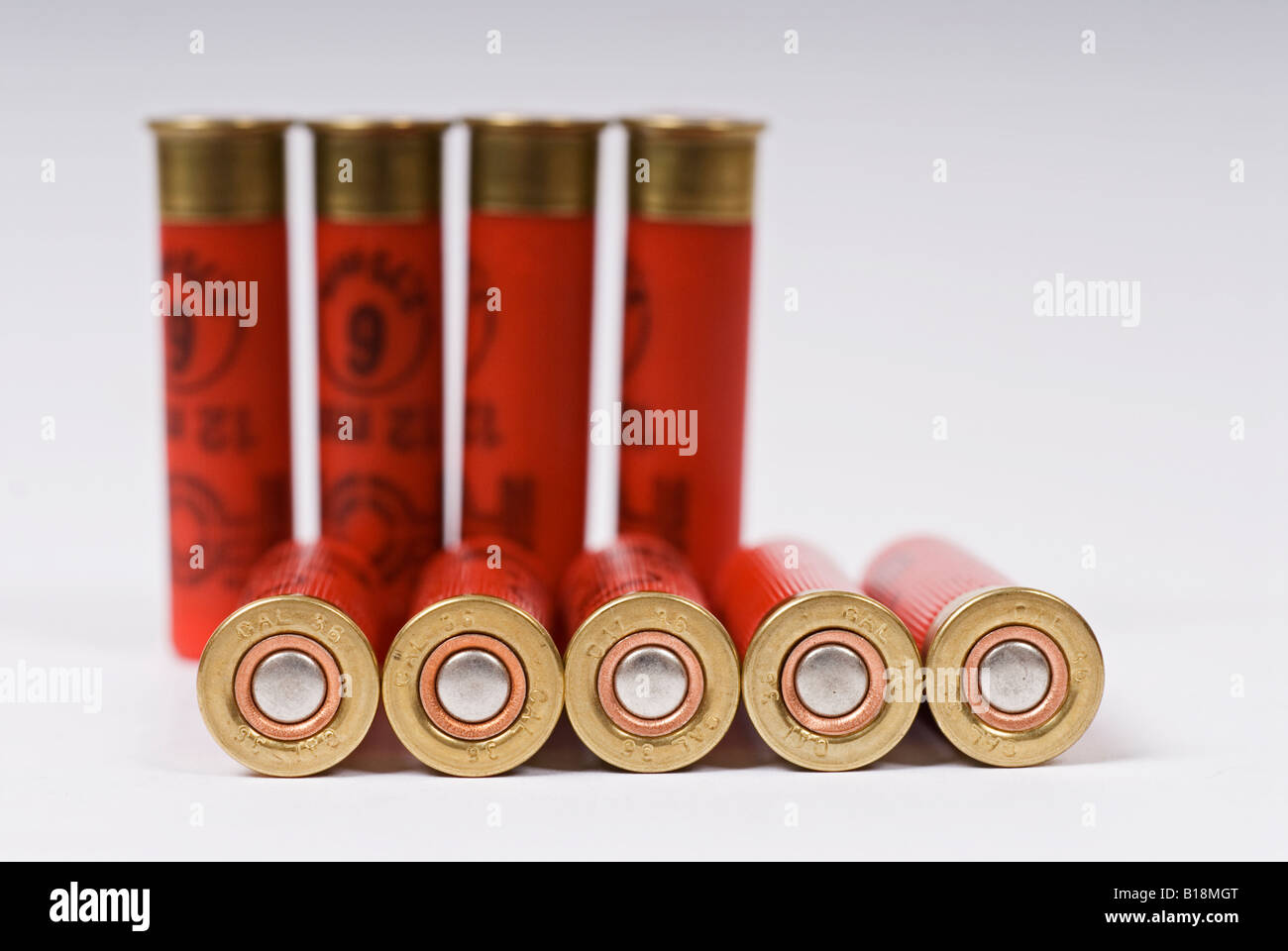 Stock photo of 12mm shotgun cartridges taken against a white background ...