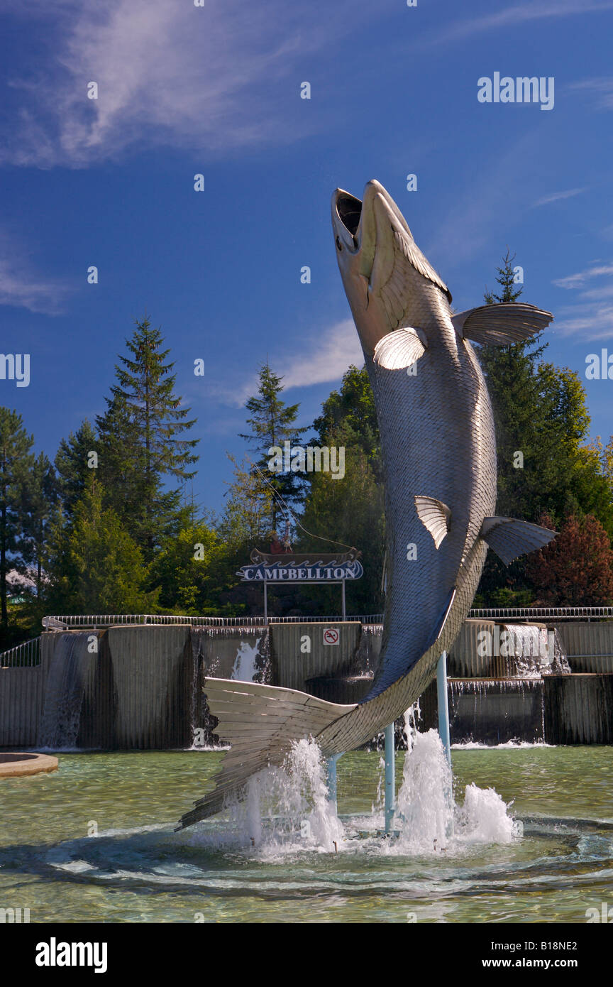 Monument of an Atlantic Salmon (8.5 metres high) named Restigouche Sam, along the waterfront of the Restigouche River in the tow Stock Photo