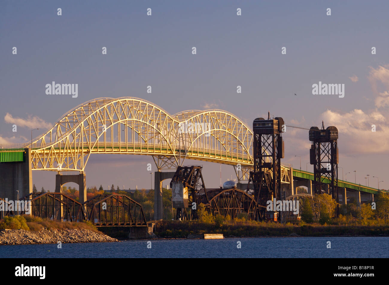 International Bridge across the St Mary's River seen from the Soo Locks