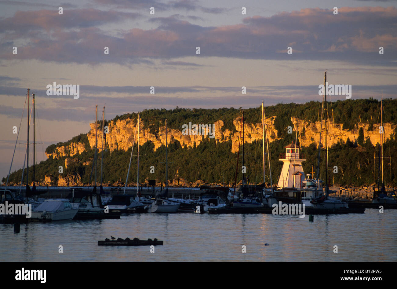 Lion's Head cliffs and marina at sunset, Lion's Head, Bruce Peninsula