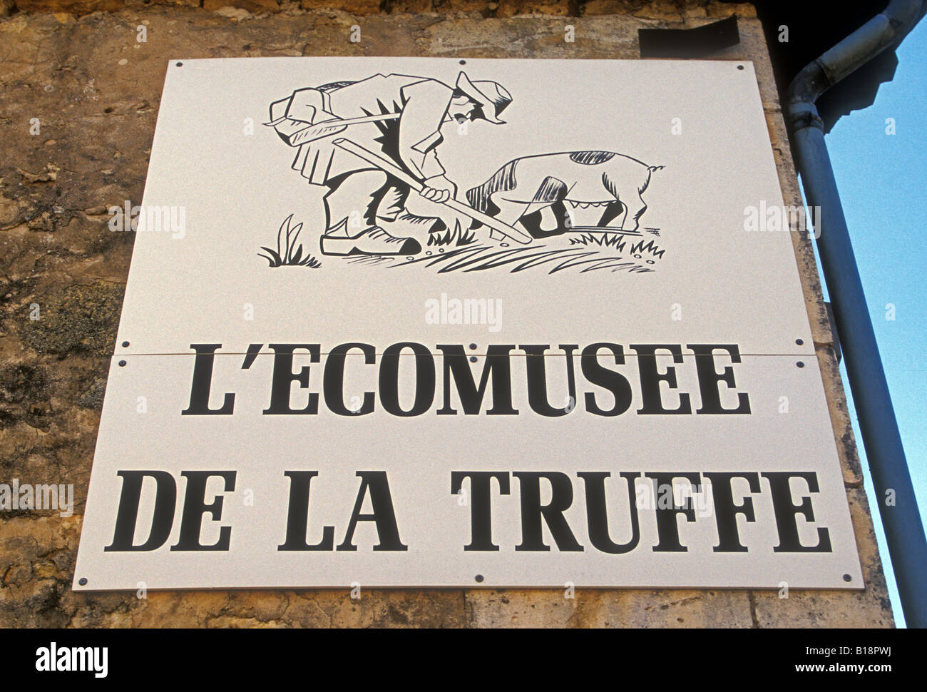 French language sign, French language, French sign, Truffle Museum, l'Ecomusee de la Truffe, village of Sorges, Dordogne, Aquitaine, France, Europe Stock Photo