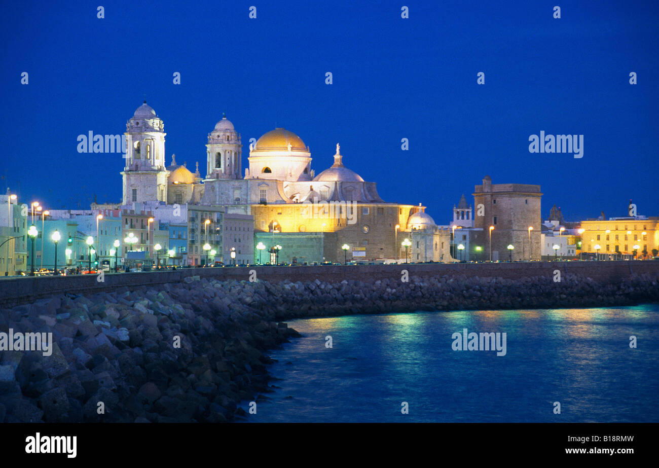 Campo del Sur and cathedral. Night view. Cadiz. Andalusia. Spain. Stock Photo