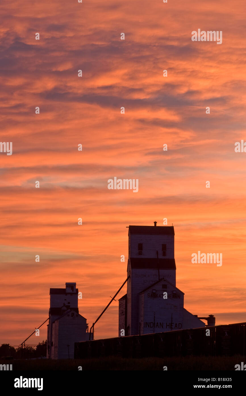 Grain Elevators and sunset at Indian Head, Saskatchewan, Canada Stock Photo