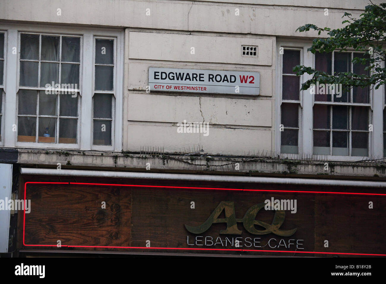 united kingdom central london w2 edgware road street sign and lebanese cafe Stock Photo