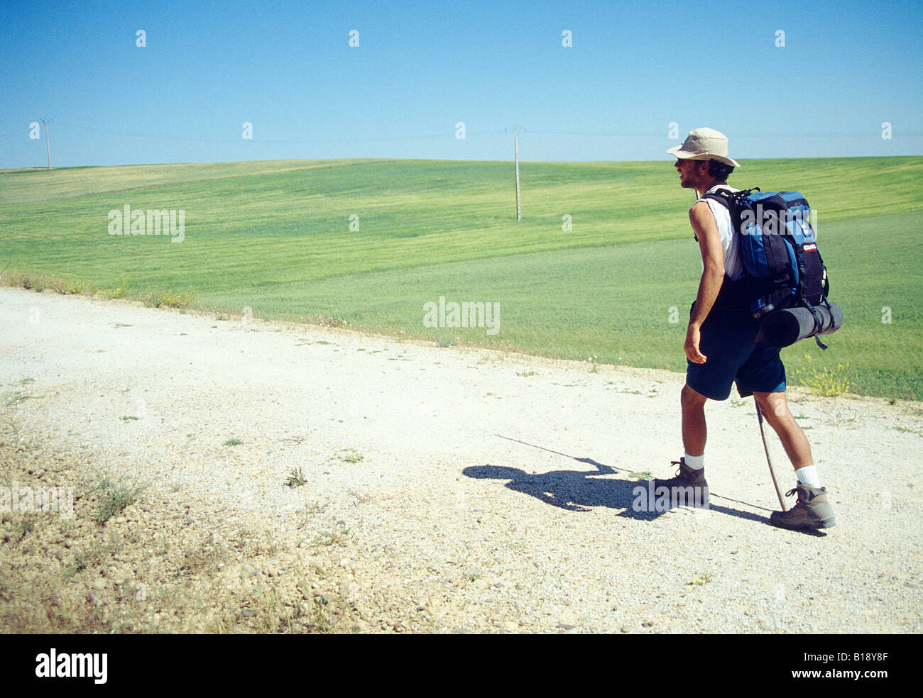 Pilgrim on the Road to Santiago. Villalcazar de Sirga. Palencia province. Castile Leon. Spain. Stock Photo