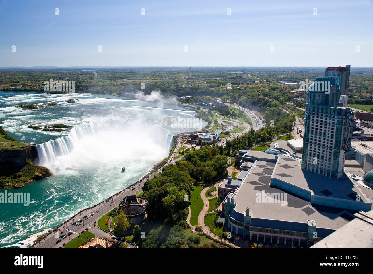 View of Horseshoe Falls and Casino from Skylon Tower, Niagara Falls, Ontario, Canada. Stock Photo