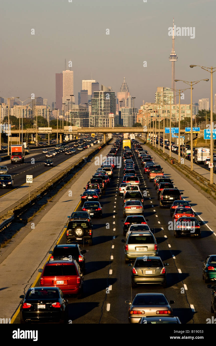Rush-hour traffic on QEW (Queen Elizabeth Way) and Toronto city skyline, Toronto, Ontario 