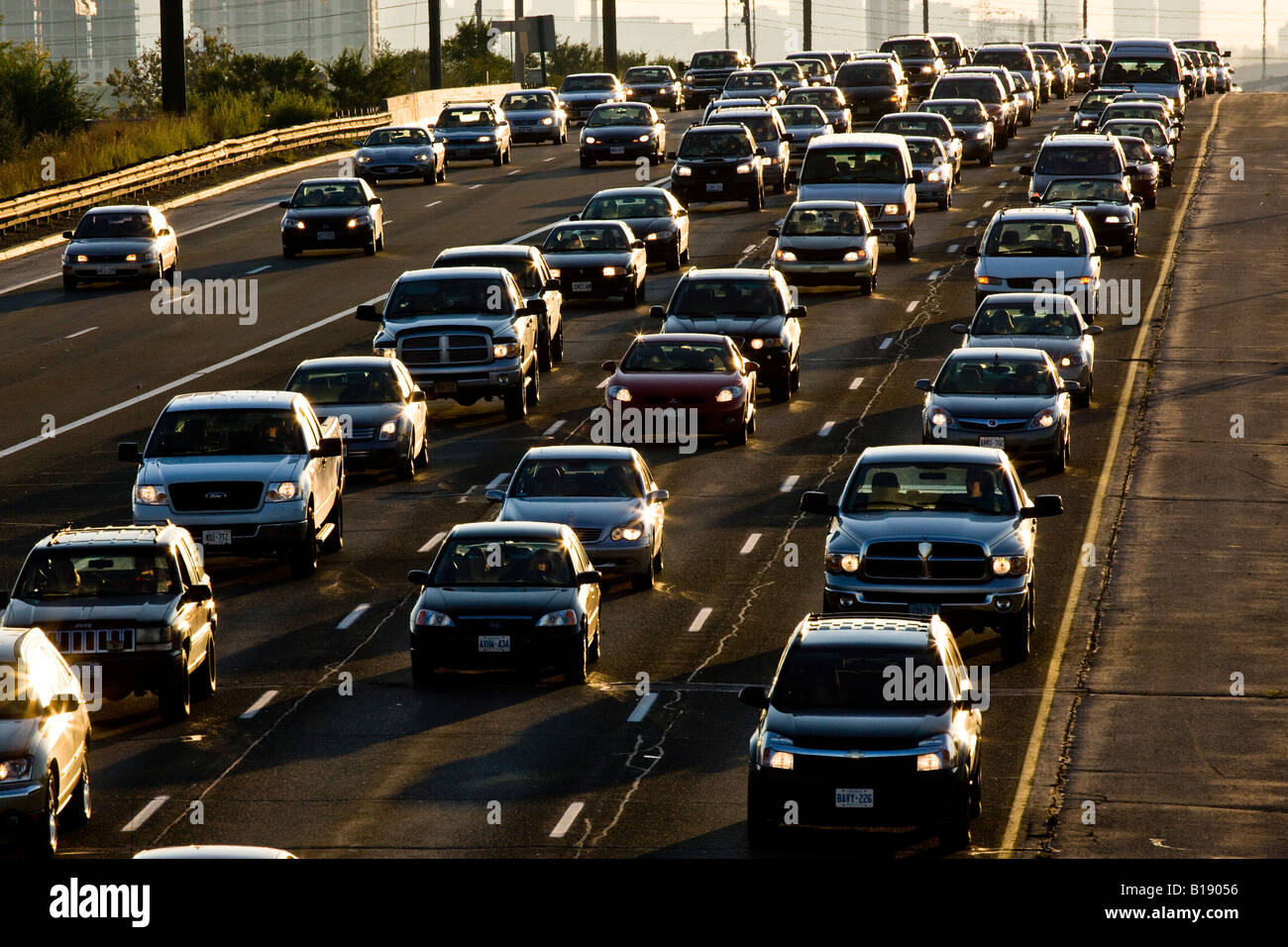 Rushhour traffic on QEW (Queen Elizabeth Way) heading into Toronto