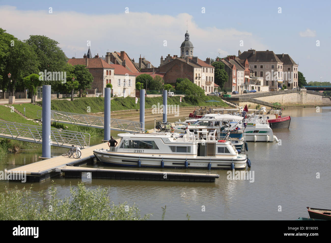 Hire Boats on the River Saone at Seurre, Burgundy, France. Stock Photo