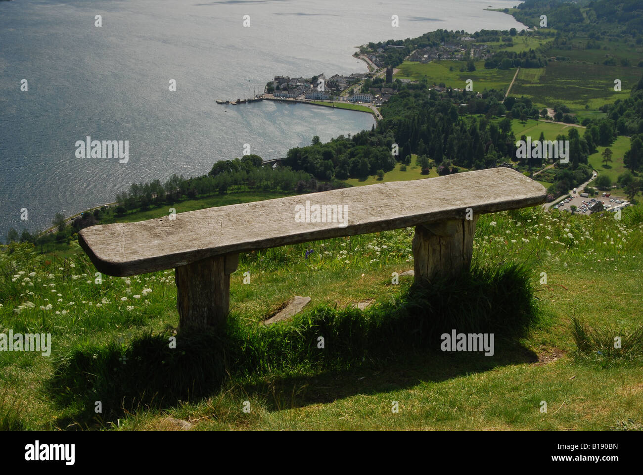 Bench overlooking Inveraray, Loch Fyne, Argyll, Scotland, UK Stock Photo