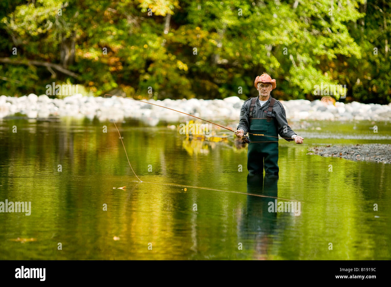 Man fly fishing, Oyster River. Courtenay, Vancouver Island, British Columbia, Canada Stock Photo