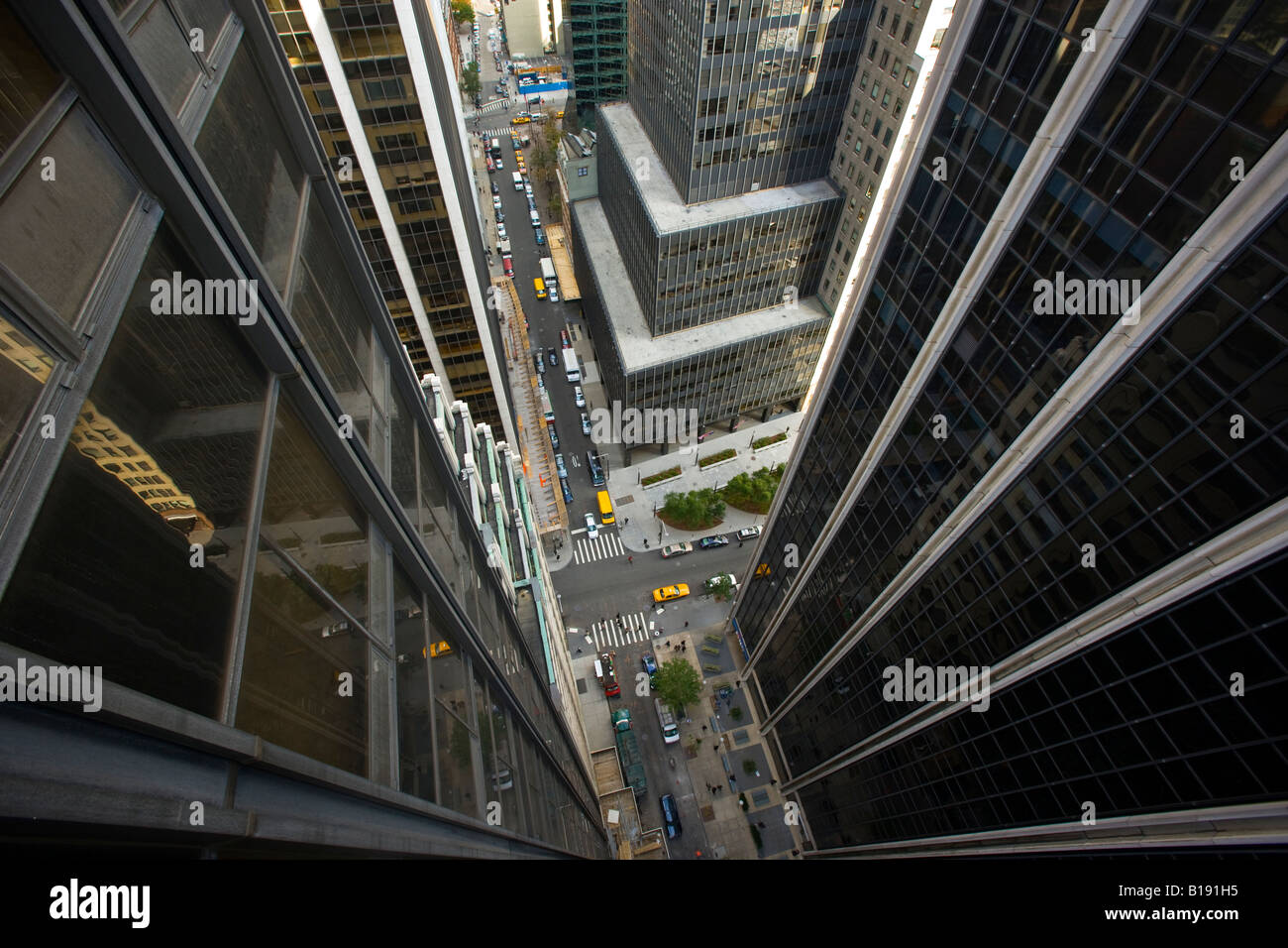 Downward looking view of the canyons of Lower Manhattan in New York City. Stock Photo
