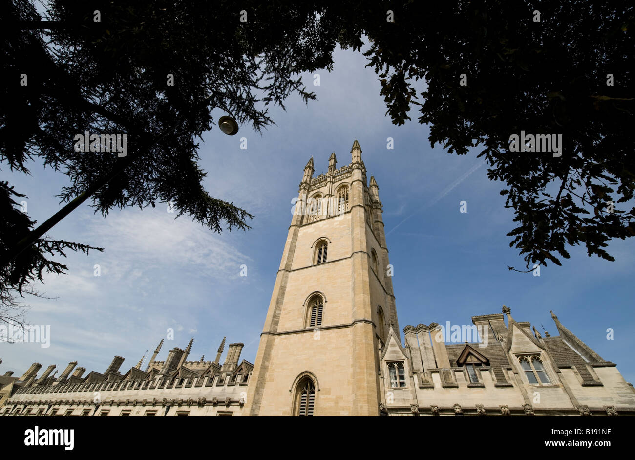 Looking up at Magdalen College Bell Tower, Oxford Stock Photo