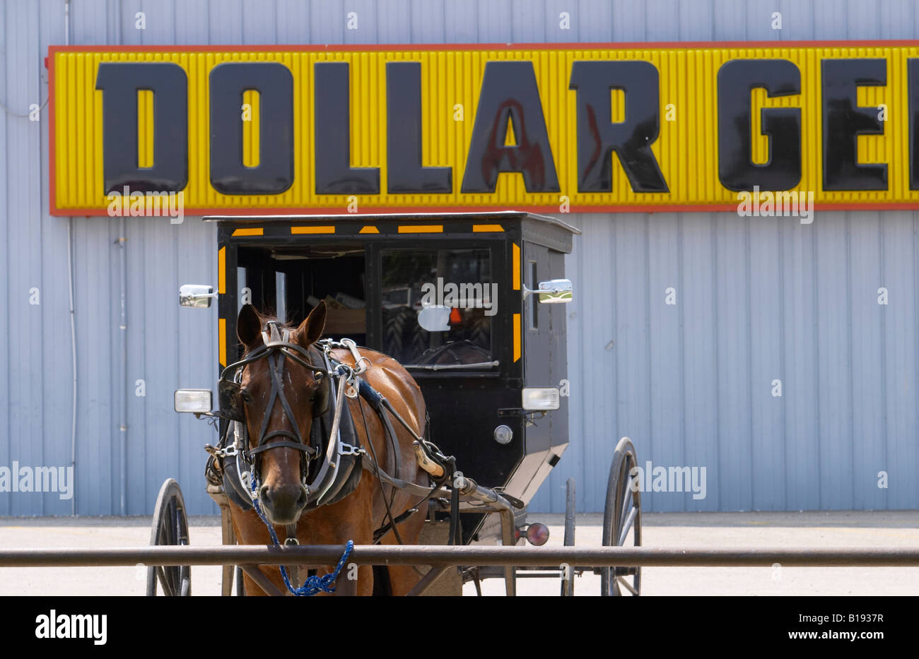 ILLINOIS Arthur Amish horse and buggy tied to hitching post outside