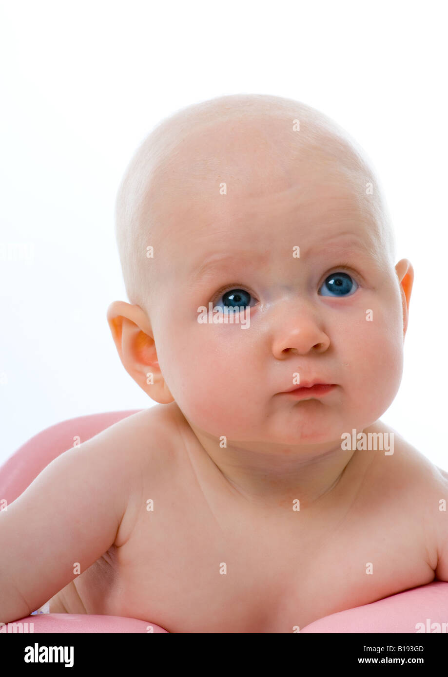 Head and shoulders shot of a young baby sittingup aided by a pink cushioned support Stock Photo