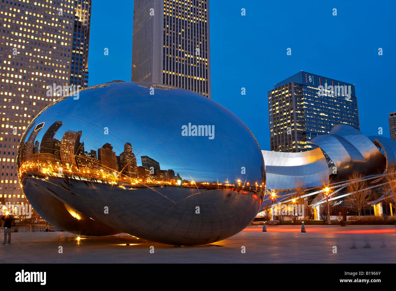 NIGHT Chicago Illinois The Bean sculpture reflect skyline Millennium
