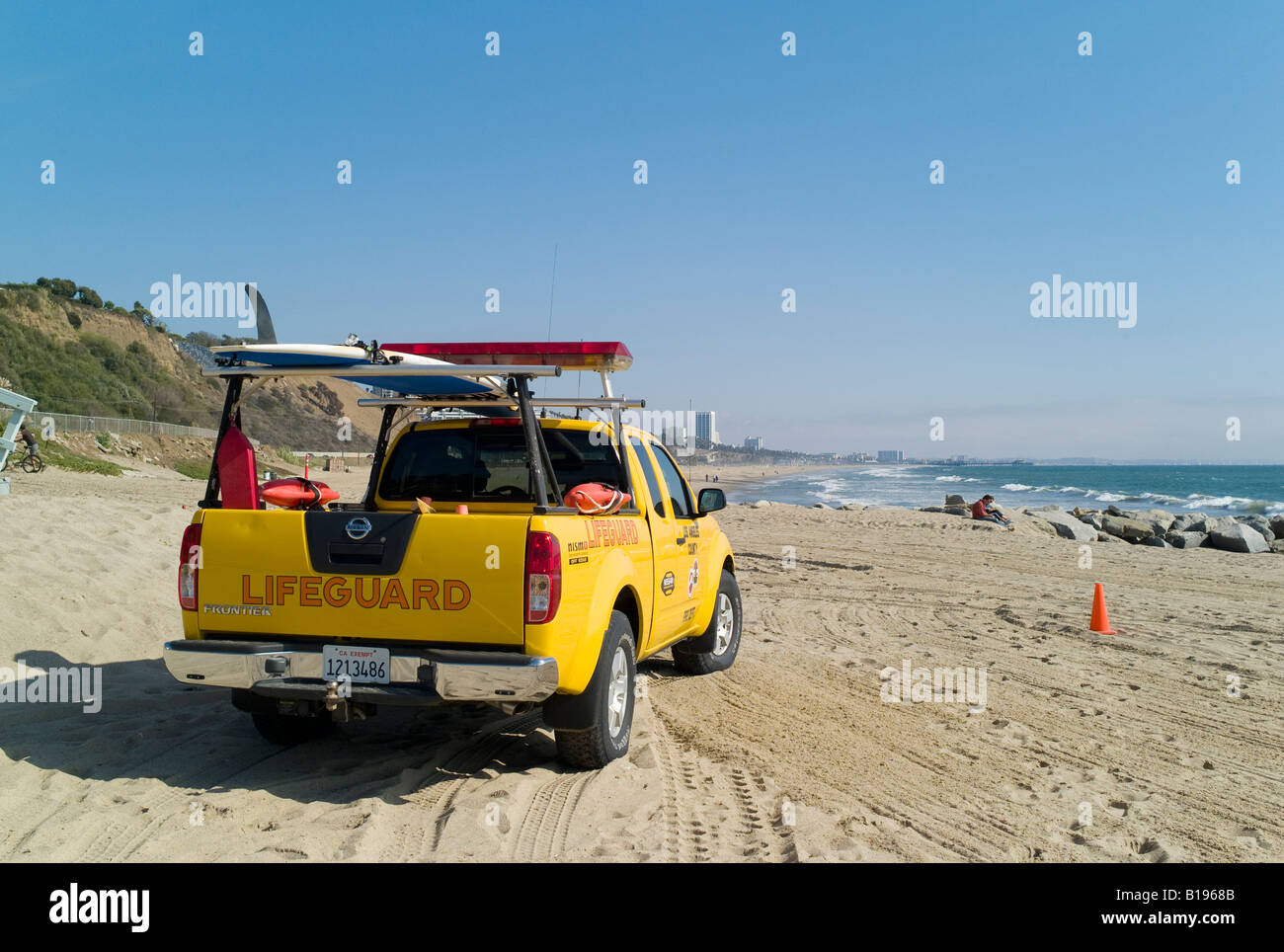 Truck owned by the Los Angeles County Fire Department Lifeguards on Zuma Beach, Malibu, California, USA Stock Photo