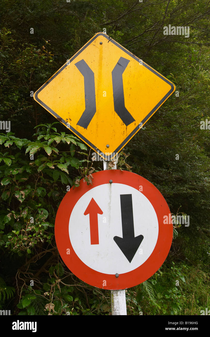 NEW ZEALAND Haast Pass One lane bridge road sign and right of way sign