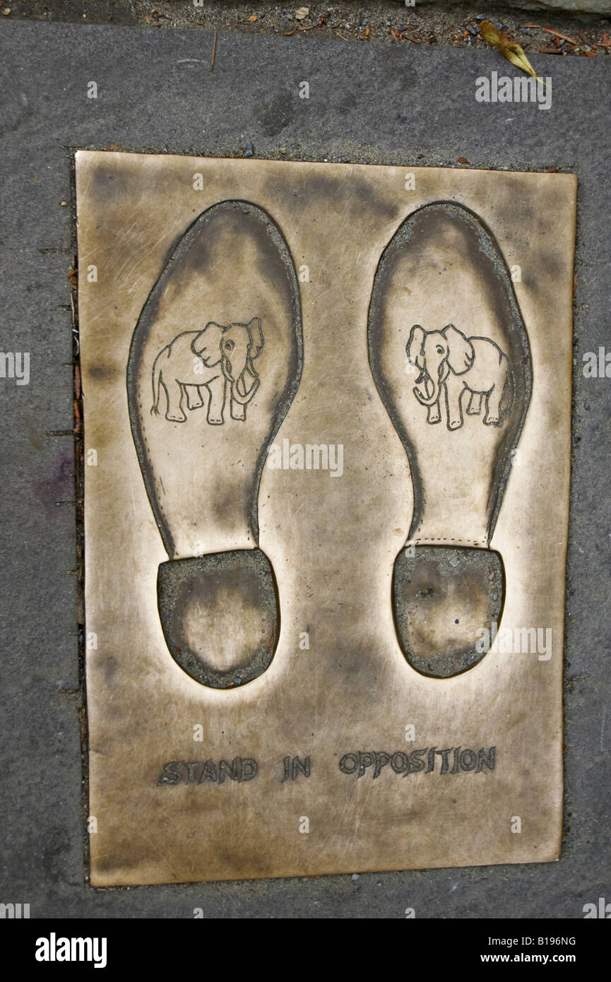 MASSACHUSETTS Boston Old City Hall site along Freedom Trail stand in opposition plaque with footprints Stock Photo