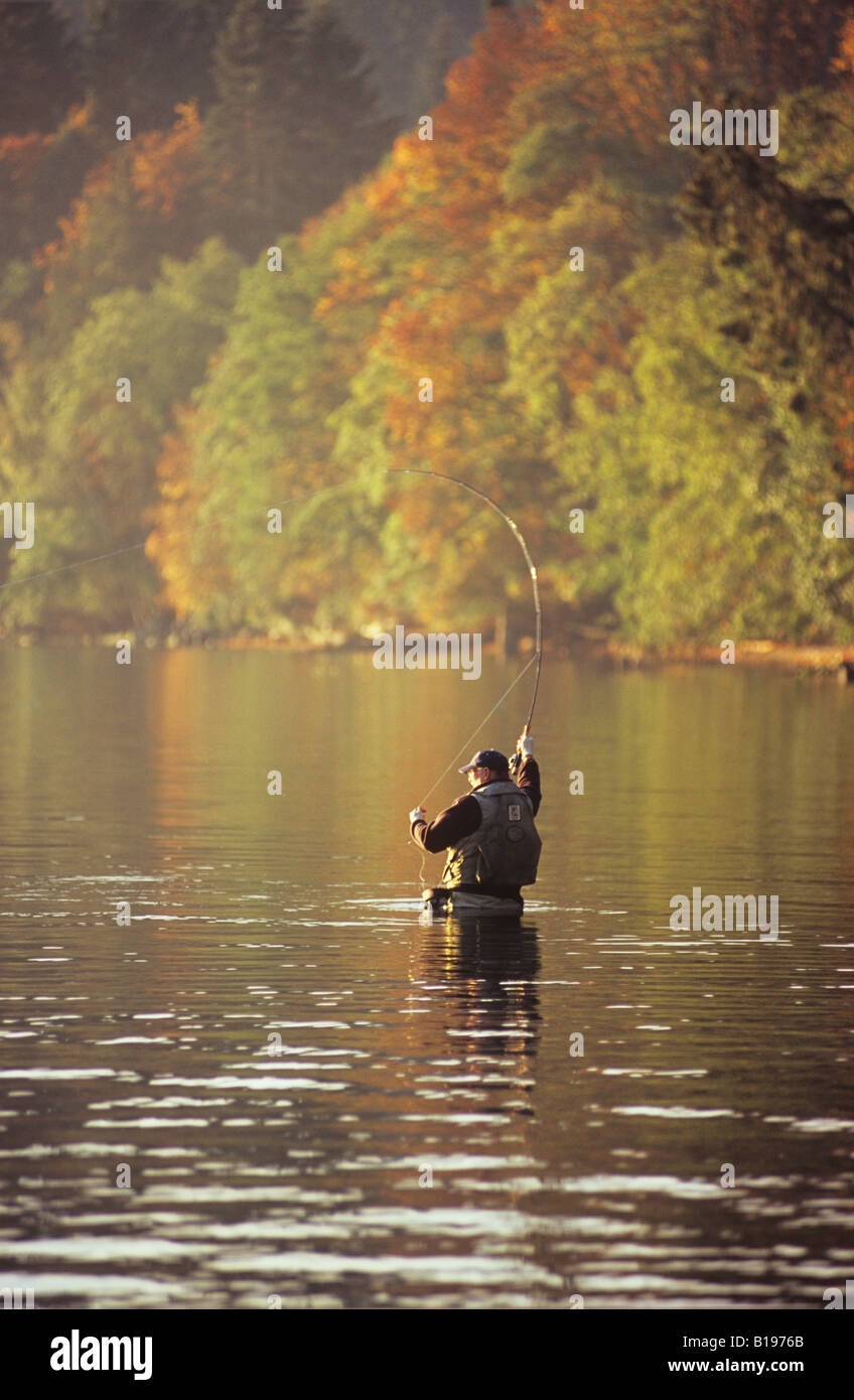 Man fly fishing in autumn, Cherry Point, Vancouver Island, British ...