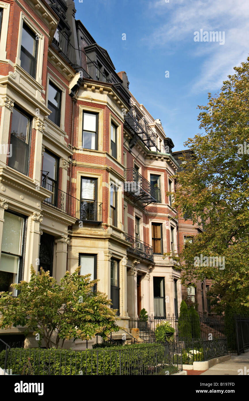 MASSACHUSETTS Boston Row of upscale residences along street in Back Bay neighborhood multi story brick buildings Stock Photo