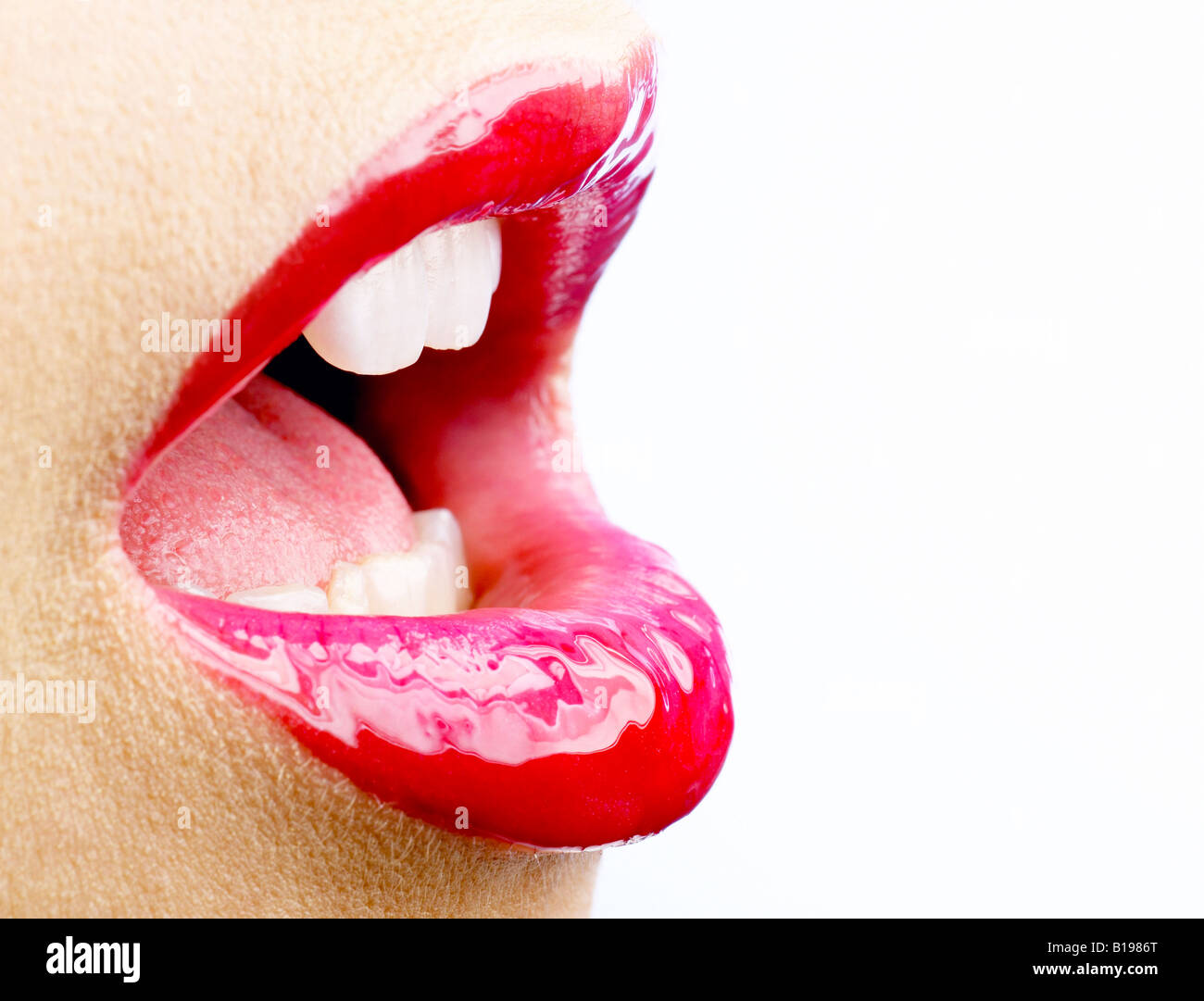 close up of a 26 year old lips red lipstick, Montreal, Quebec, Canada Stock Photo
