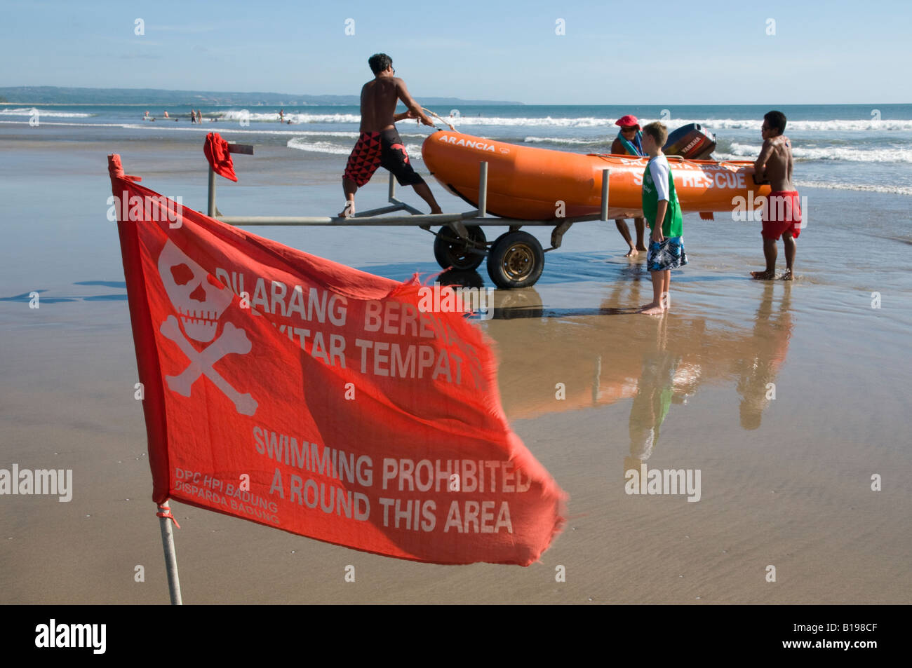 Indonesia Bali Island Kuta beach Surfing rescue inflatable boat being ...