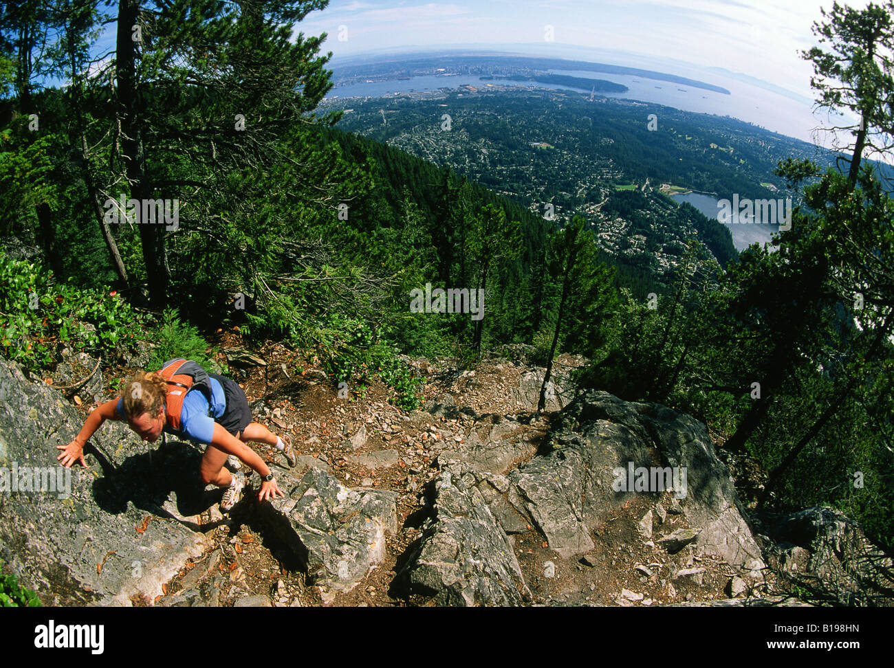 Women at the top of the Grouse Grind, Grouse Mountain, North Vancouver, British Columbia, Canada. Stock Photo