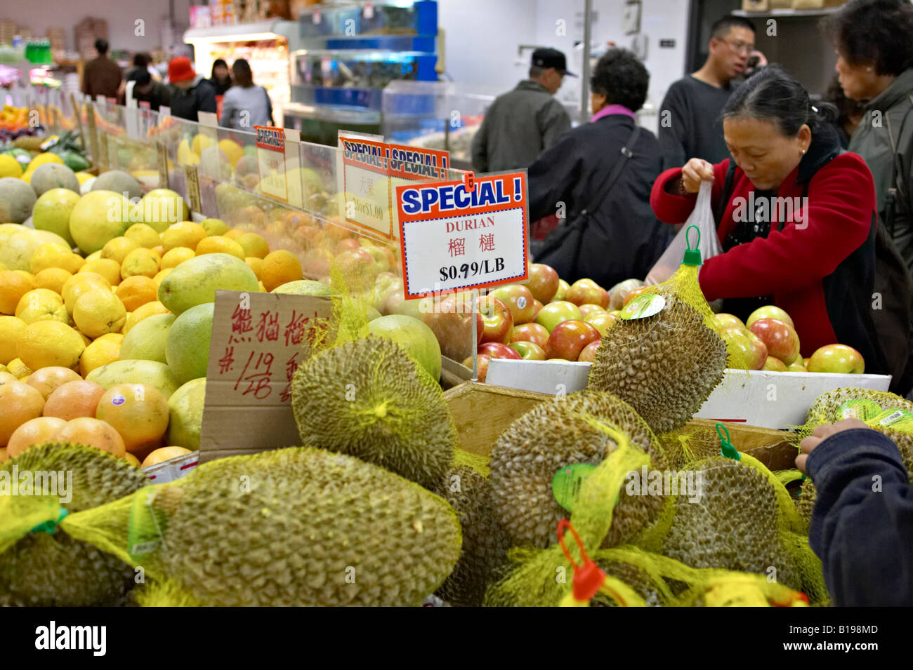 MASSACHUSETTS Boston Chinatown district interior of grocery store Asian foods and produce Durian
