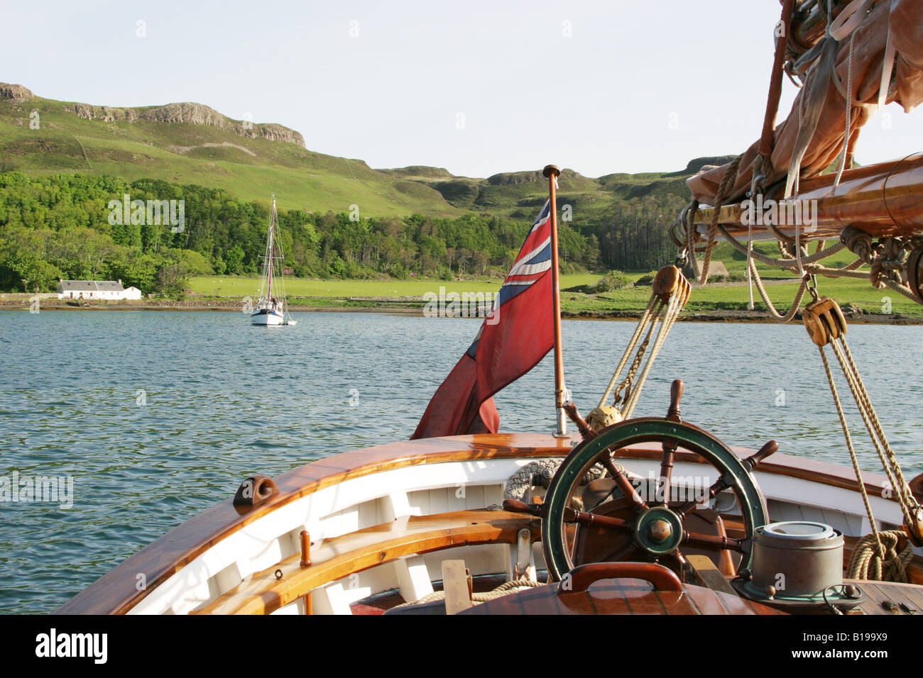 The Eda Frandsen, A Gaff Cutter anchored in Canna Harbour, Small Isles, Scotland Stock Photo